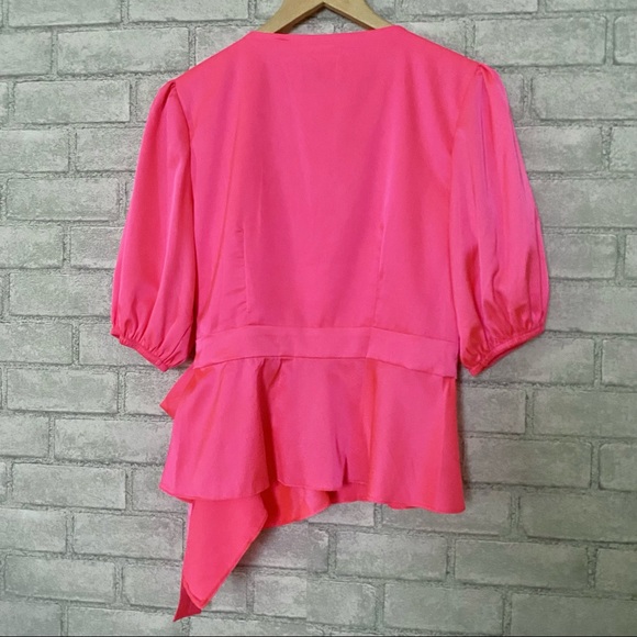 Vone Neon Pink Faux Satin Wrap Blouse - Picture 3 of 5
